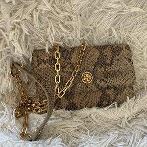 Tory Burch Brown Snake Print Clutch with Gold Chain